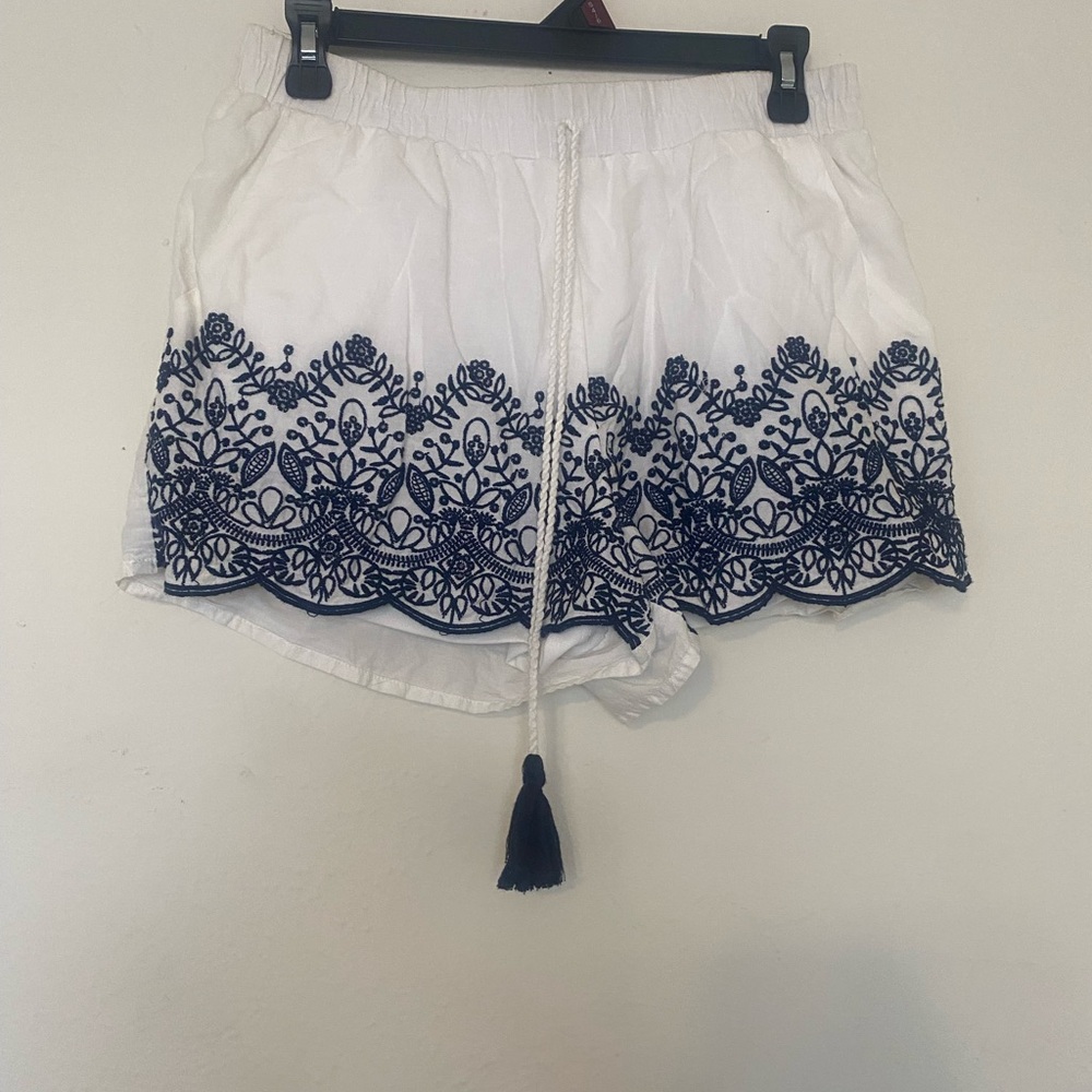 White Shorts with Navy Embroidery